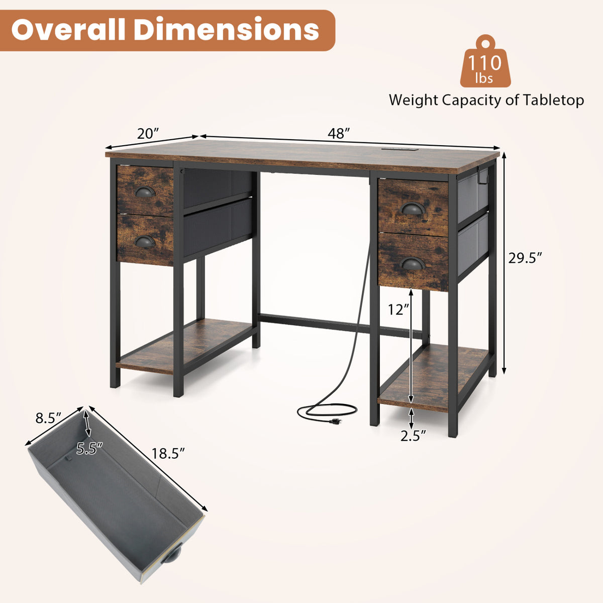 Computer Desk with Power Outlet Home Office Desk with 4 Fabric Drawers