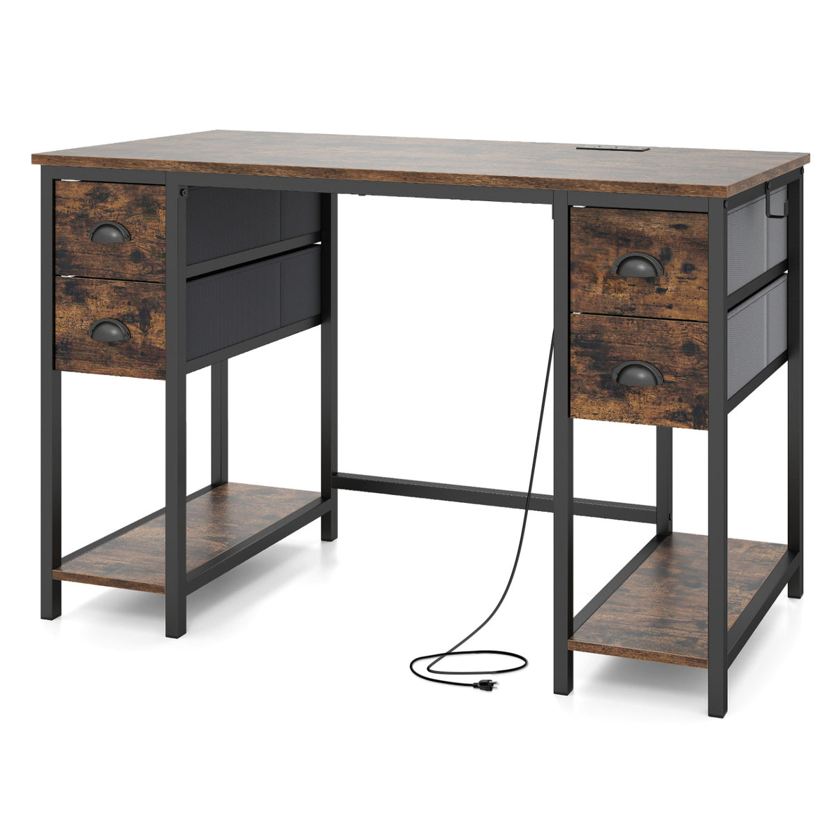 Computer Desk with Power Outlet Home Office Desk with 4 Fabric Drawers