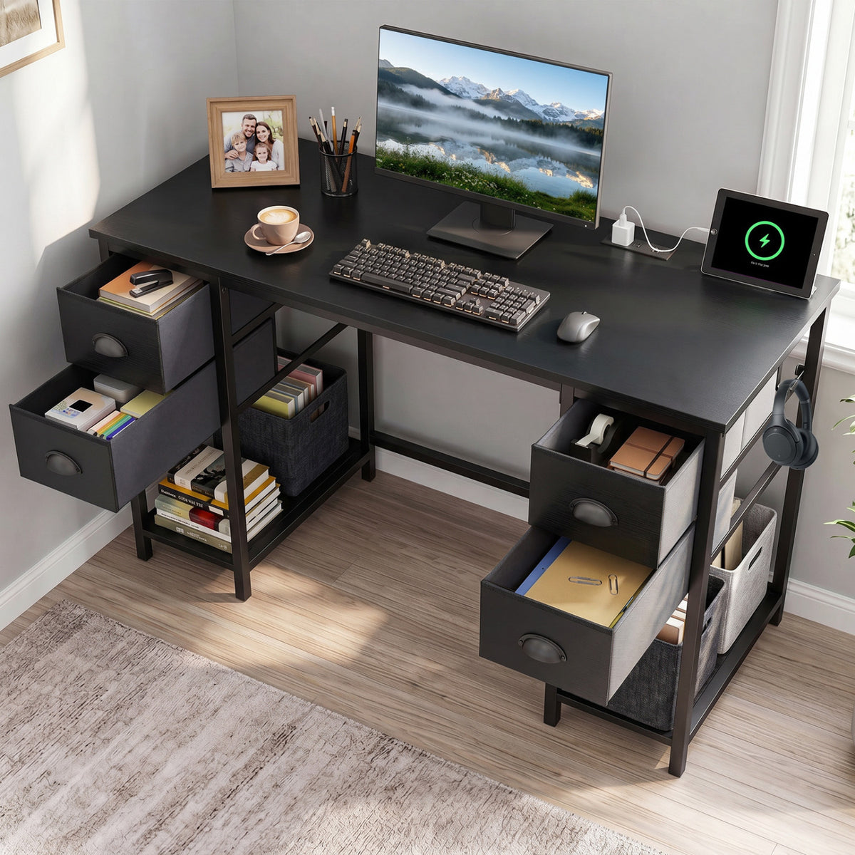 Computer Desk with Power Outlet Home Office Desk with 4 Fabric Drawers
