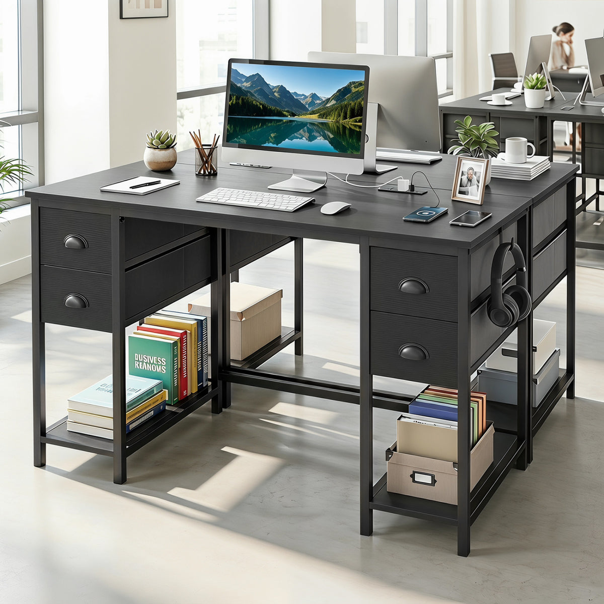 Computer Desk with Power Outlet Home Office Desk with 4 Fabric Drawers