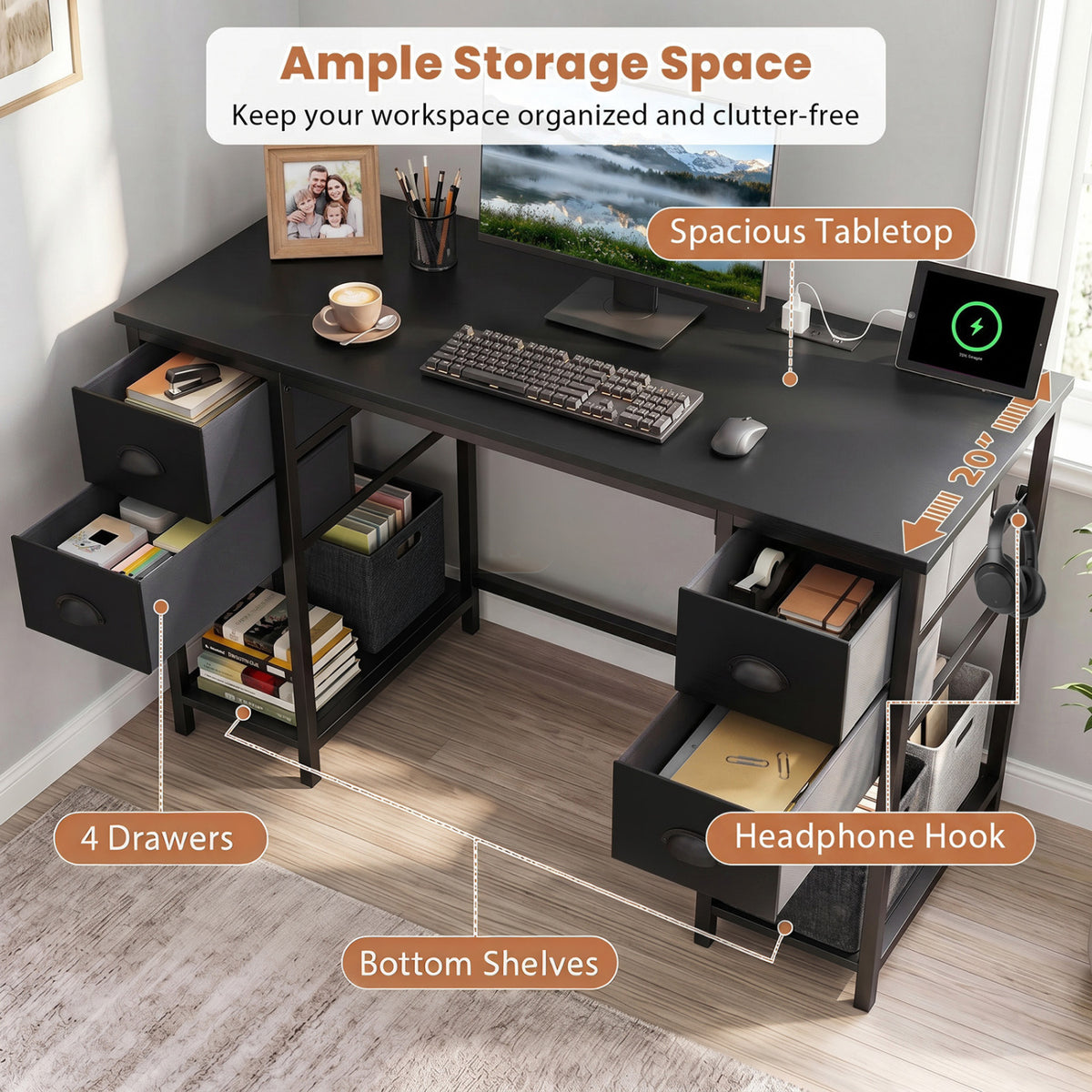 Computer Desk with Power Outlet Home Office Desk with 4 Fabric Drawers