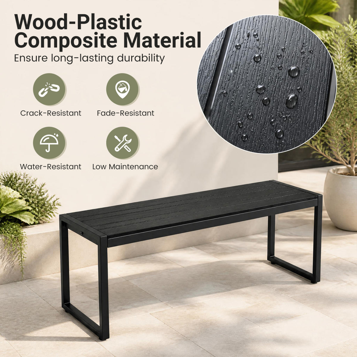 48" Outdoor Bench with Wood-Plastic Composite and Metal Frame Slatted Sea for Garden-Black