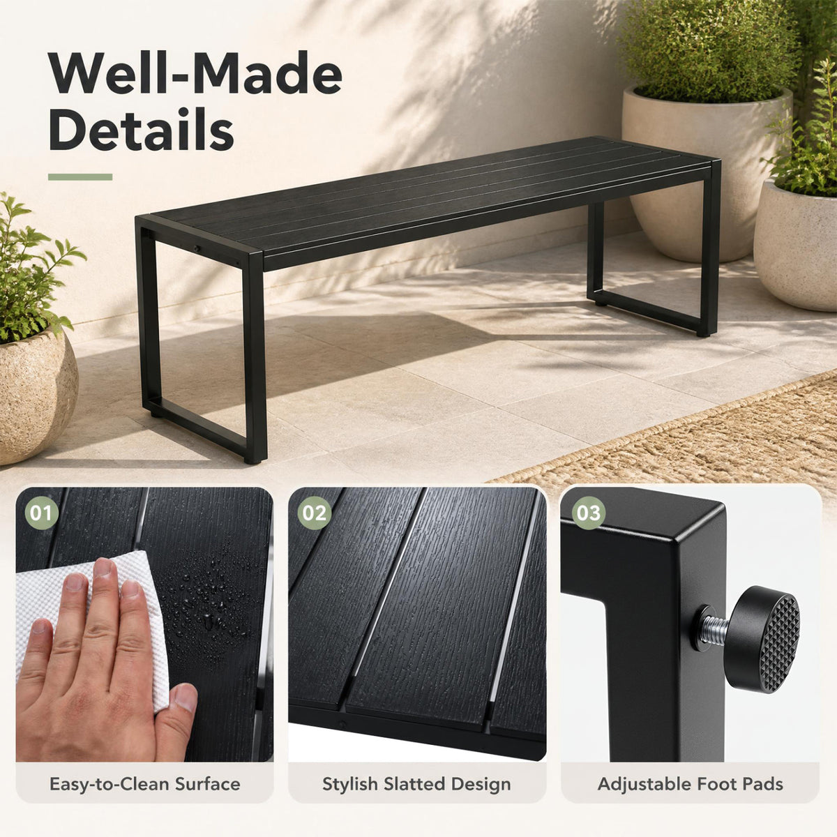 48" Outdoor Bench with Wood-Plastic Composite and Metal Frame Slatted Sea for Garden-Black