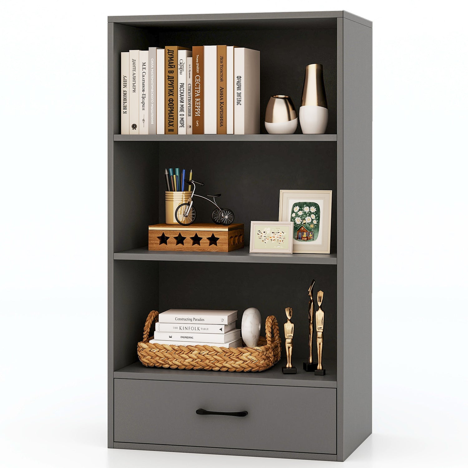 48 Inch Tall 4 Tiers Wood Bookcase with Drawer