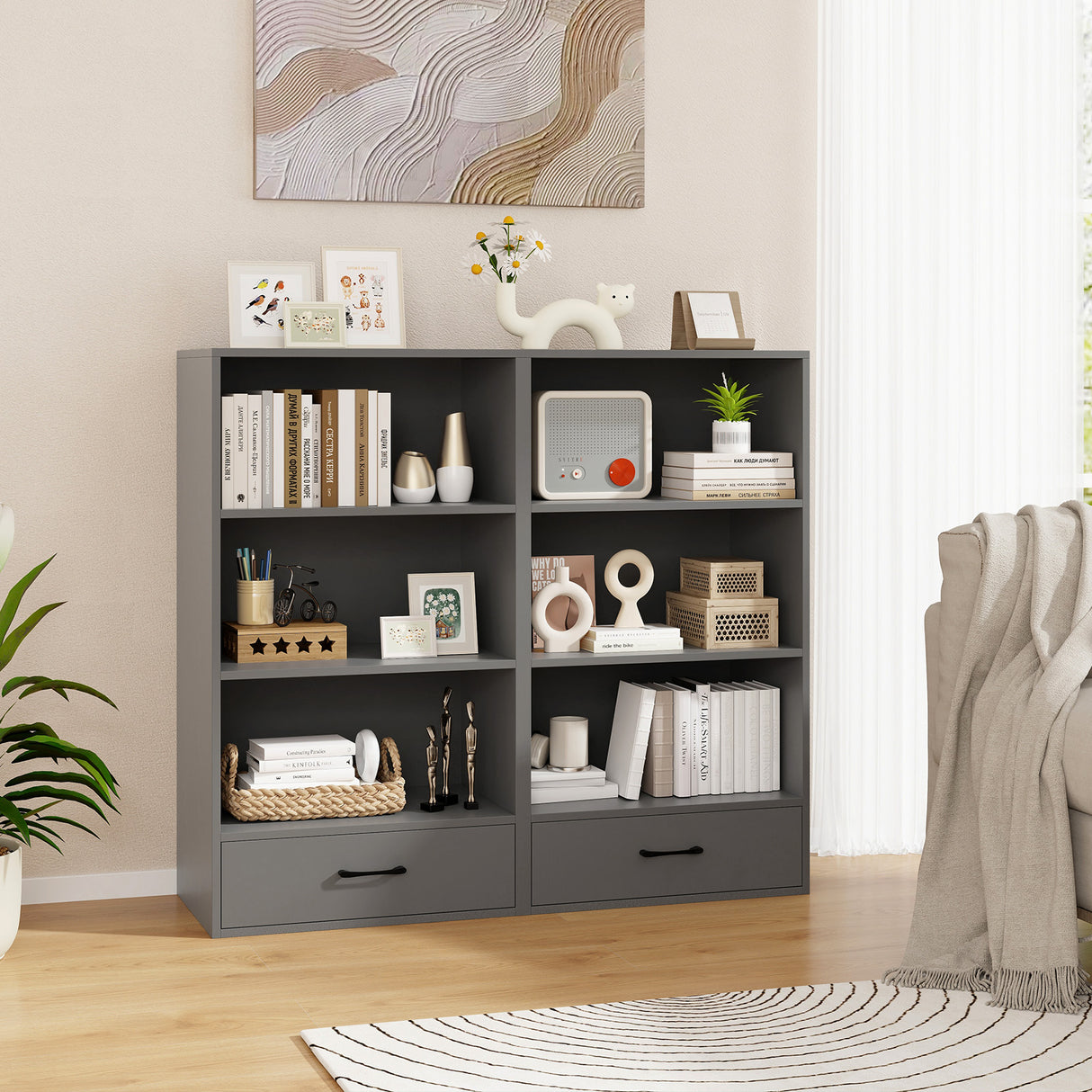 48 Inch Tall 4 Tiers Wood Bookcase with Drawer