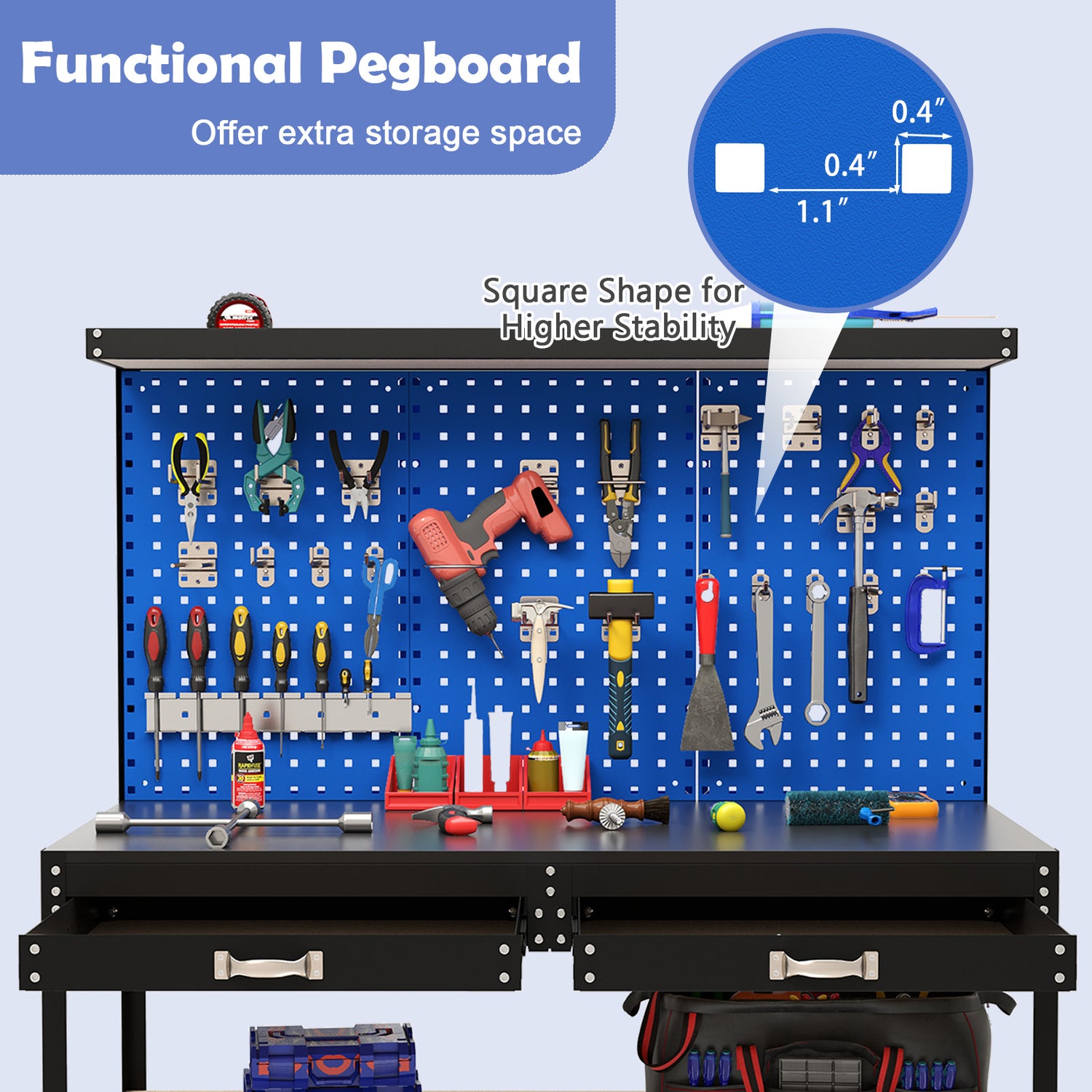 48 x 24 Inch Workbench Work Table with 3 PCs Pegboard Drawer and Shelves