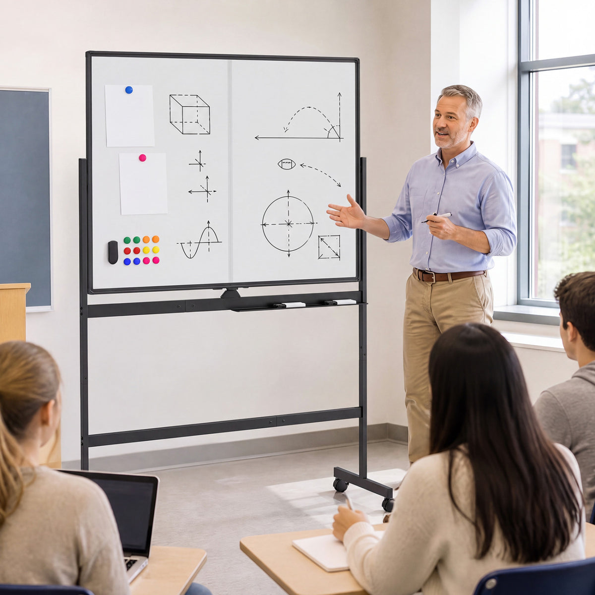 48" x 36" Double-Sided Mobile White Board with Lockable Universal Wheels for Office