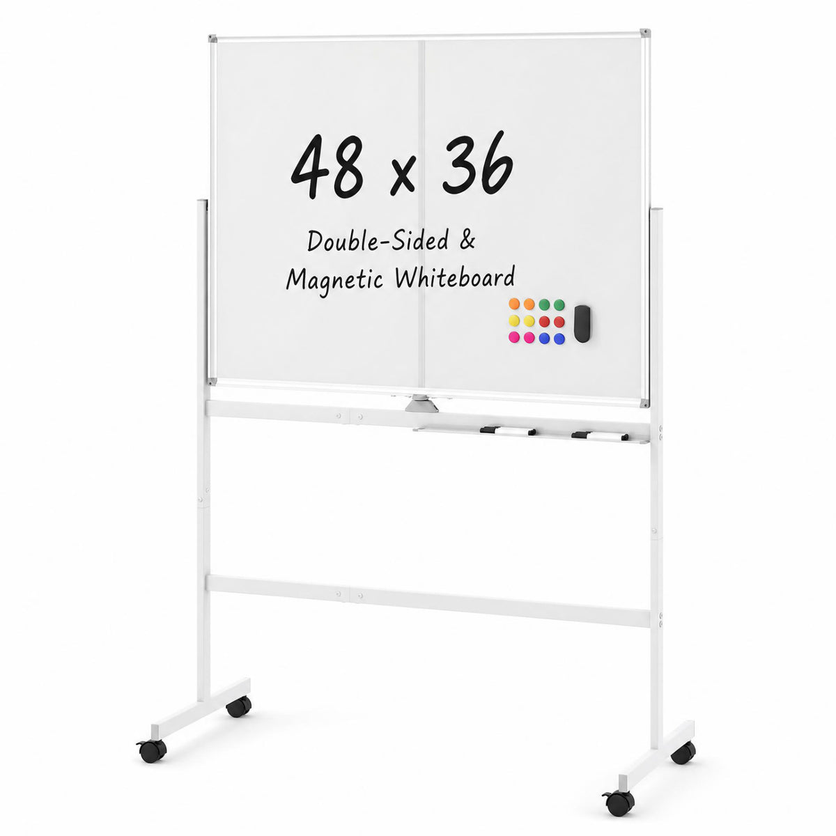 48" x 36" Double-Sided Mobile White Board with Lockable Universal Wheels for Office