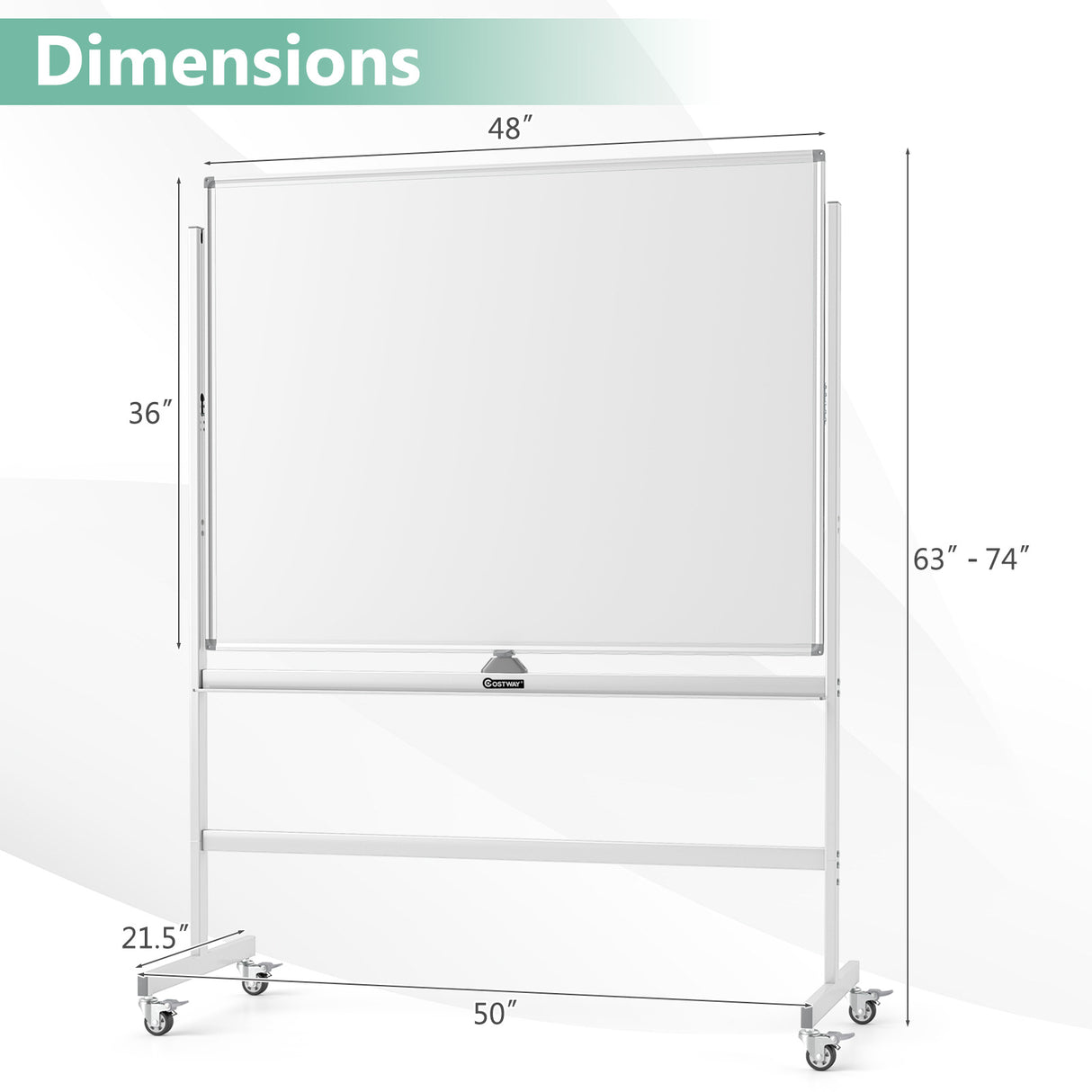 48 x 36 Inch Mobile Magnetic Double-Sided Reversible Whiteboard Height Adjust