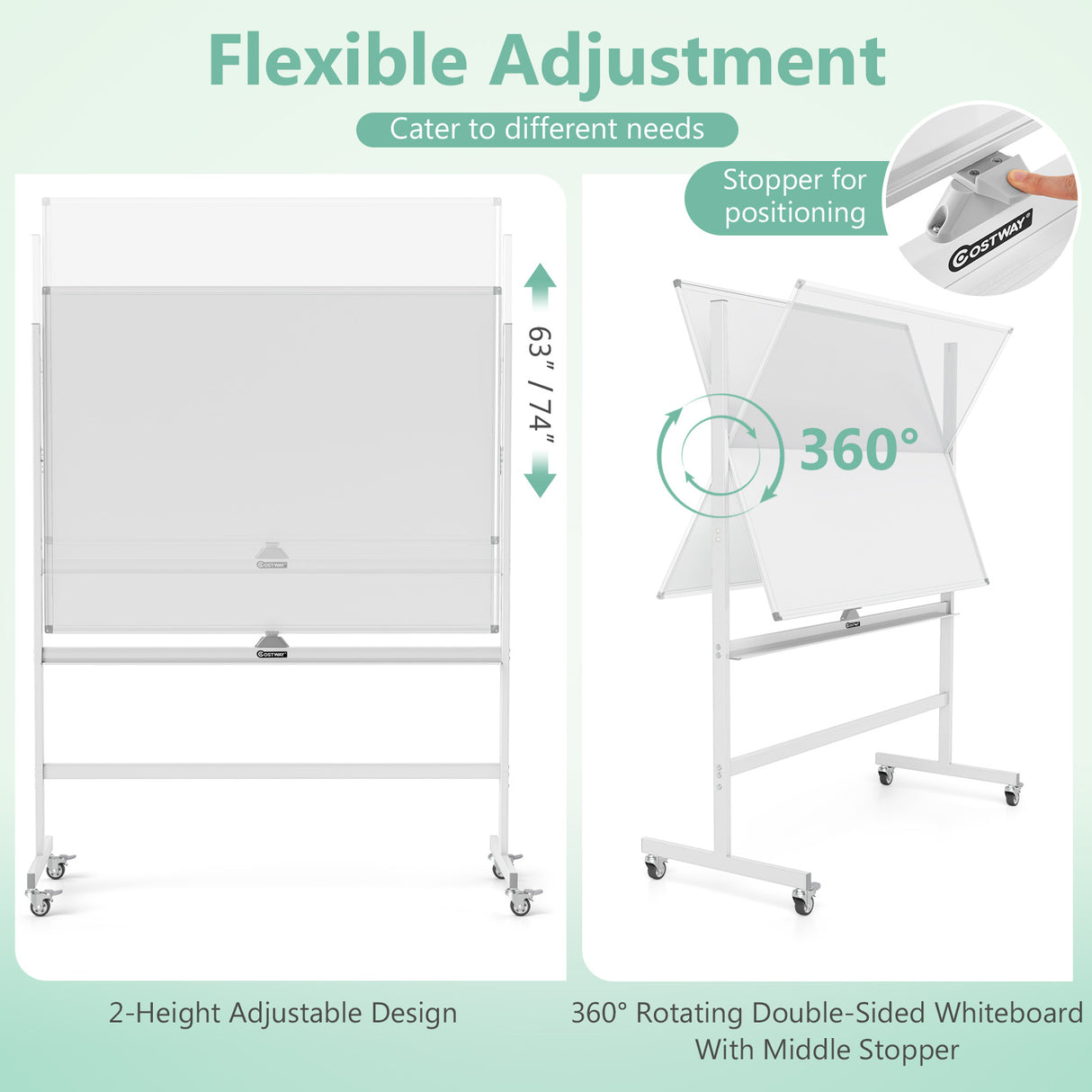 48 x 36 Inch Mobile Magnetic Double-Sided Reversible Whiteboard Height Adjust