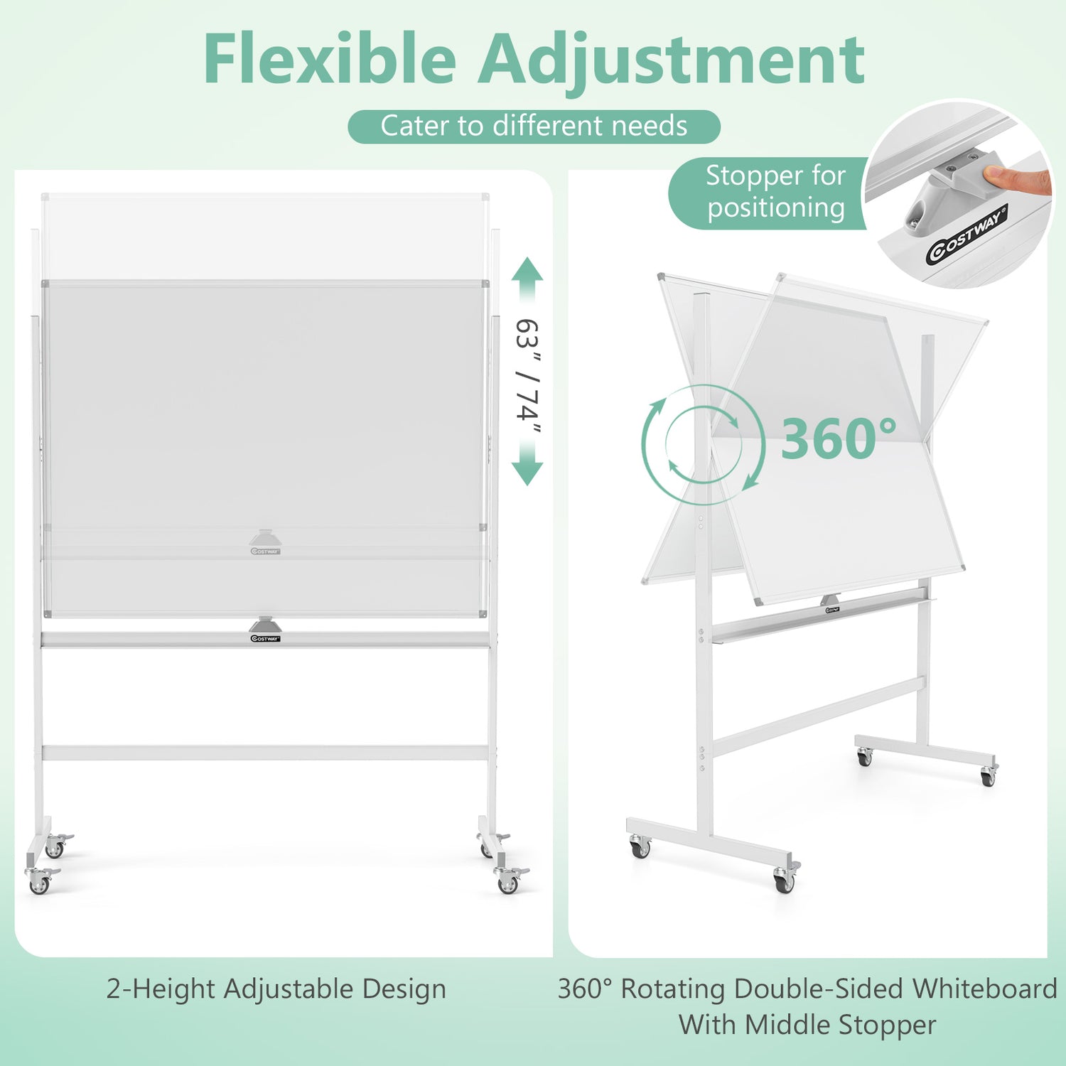 48 x 36 Inch Mobile Magnetic Double-Sided Reversible Whiteboard Height Adjust