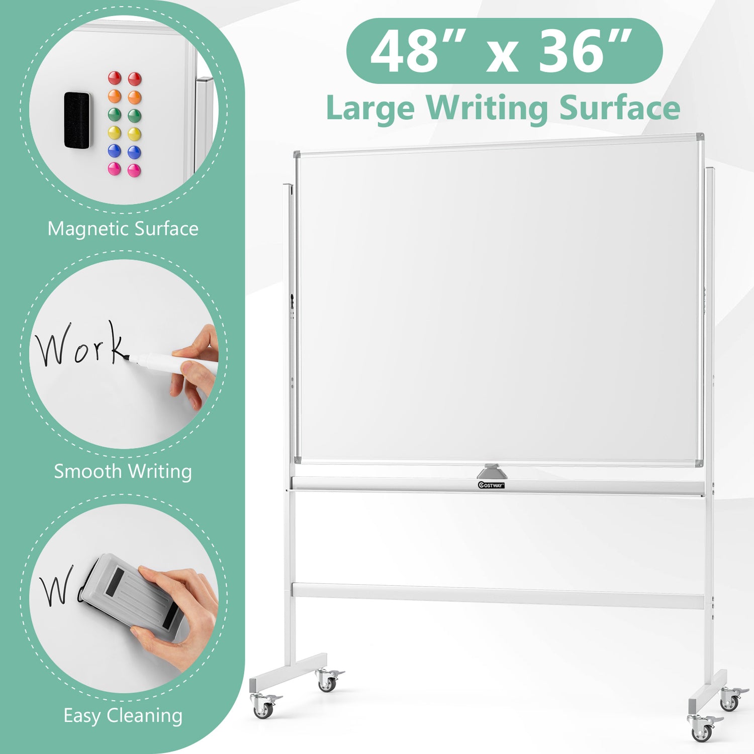 48 x 36 Inch Mobile Magnetic Double-Sided Reversible Whiteboard Height Adjust
