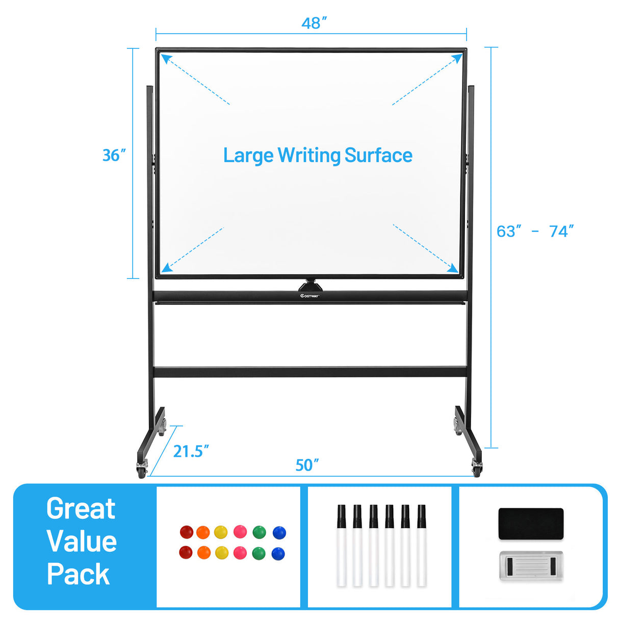48 x 36 Inch Mobile Magnetic Double-Sided Reversible Whiteboard Height Adjust