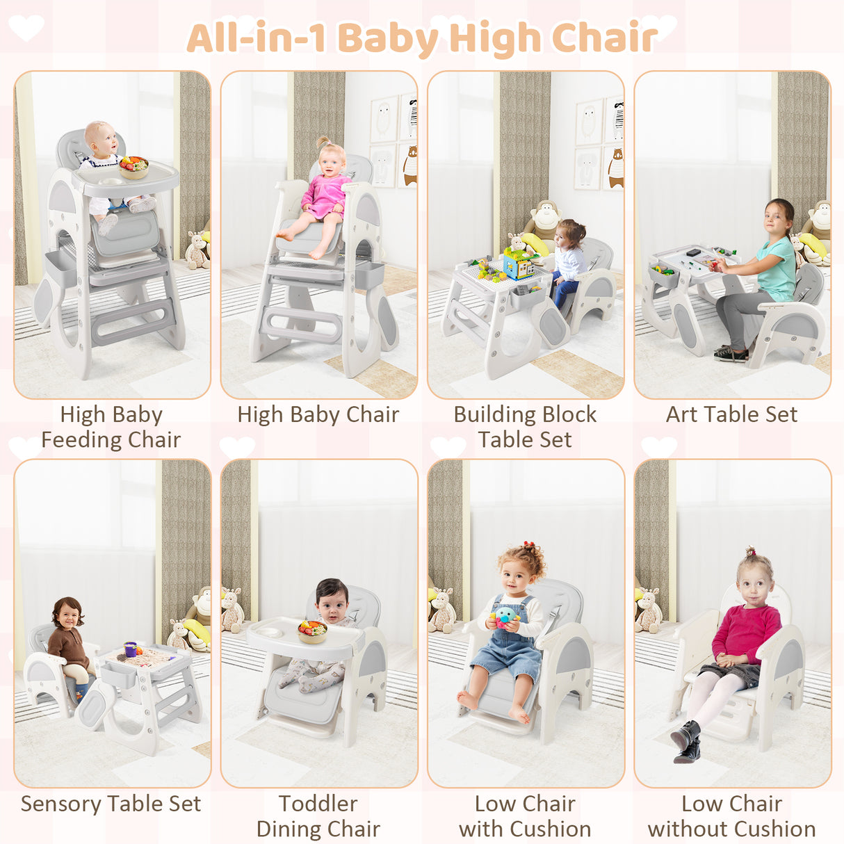 Convertible Baby High Chair with Double-layer Tray and Adjustable Backrest