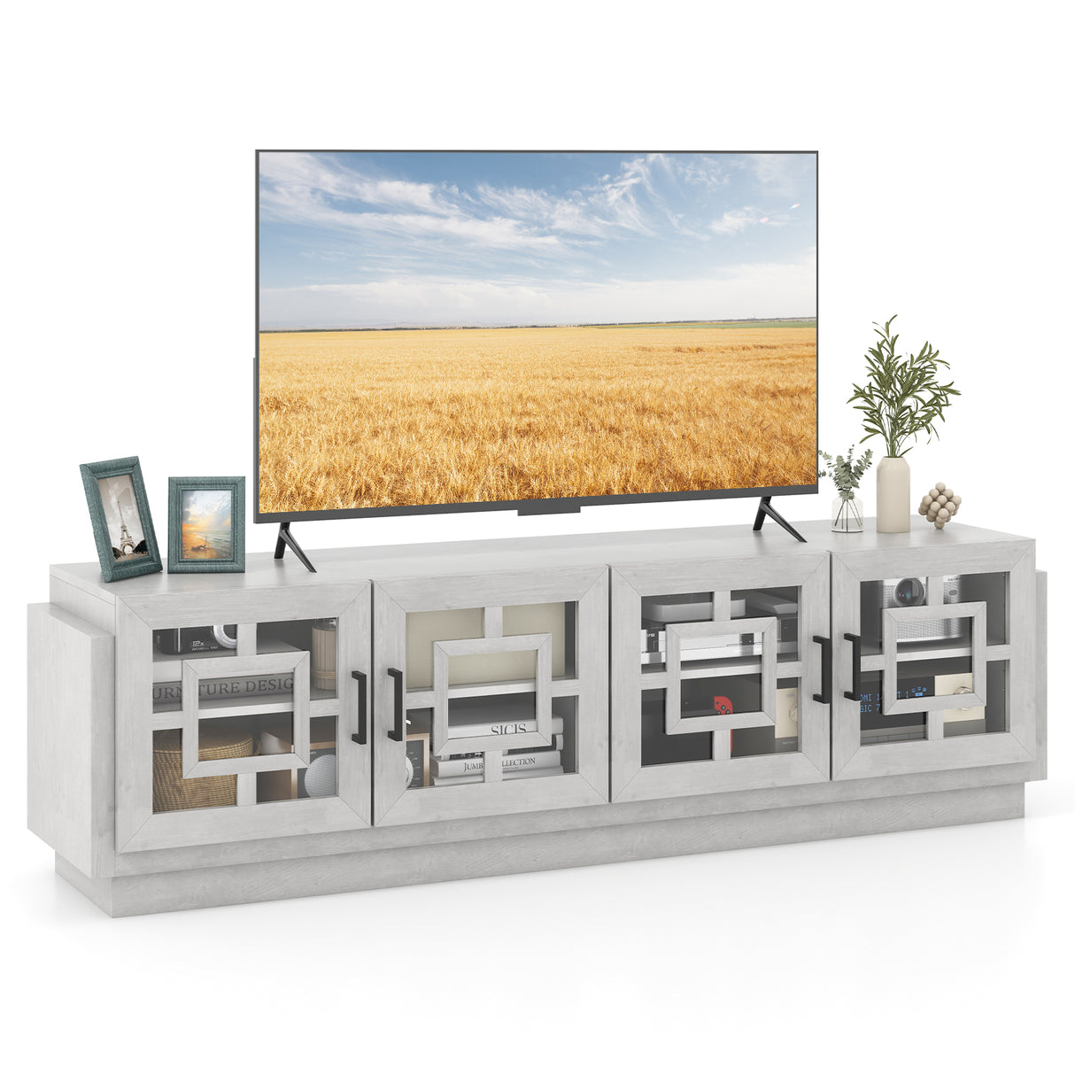 4-Door TV Stand for TVs up to 75 Inch Media Console Table with Adjustable Shelves-Oak