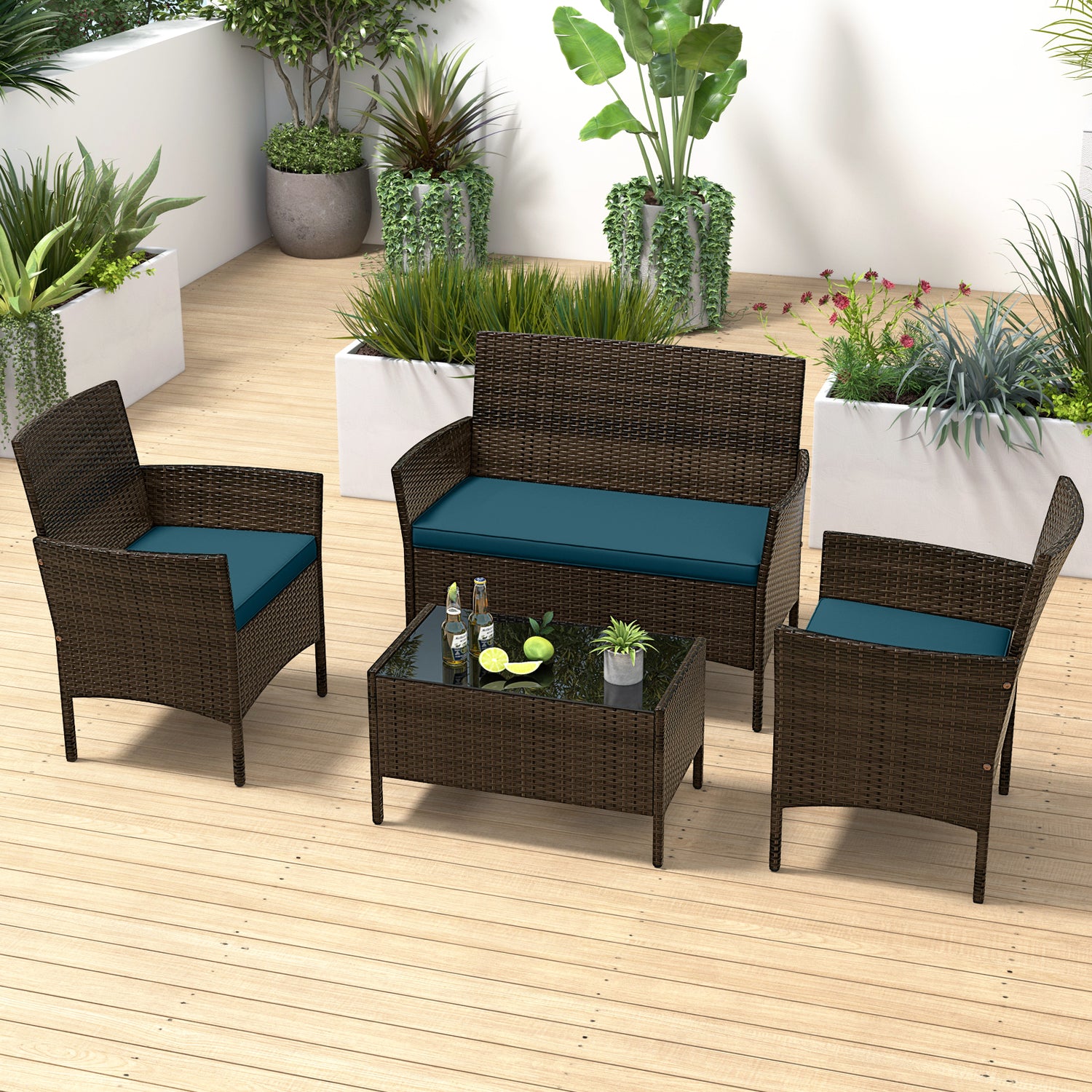 4 Piece Patio Rattan Conversation Set with Cozy Seat Cushions