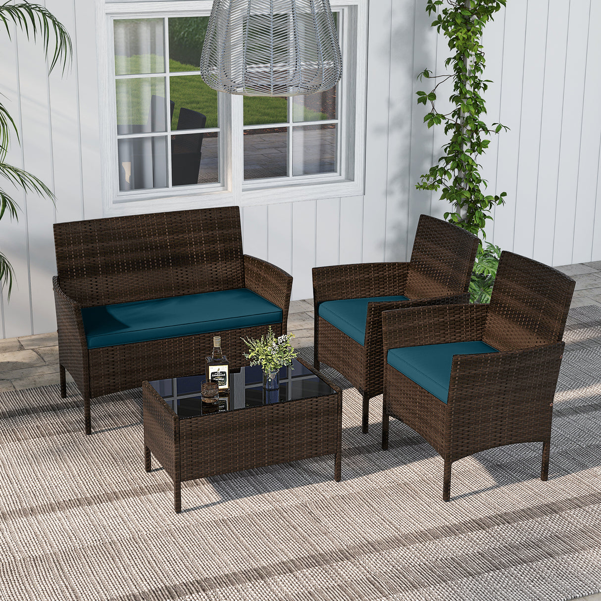 4 Piece Patio Rattan Conversation Set with Cozy Seat Cushions