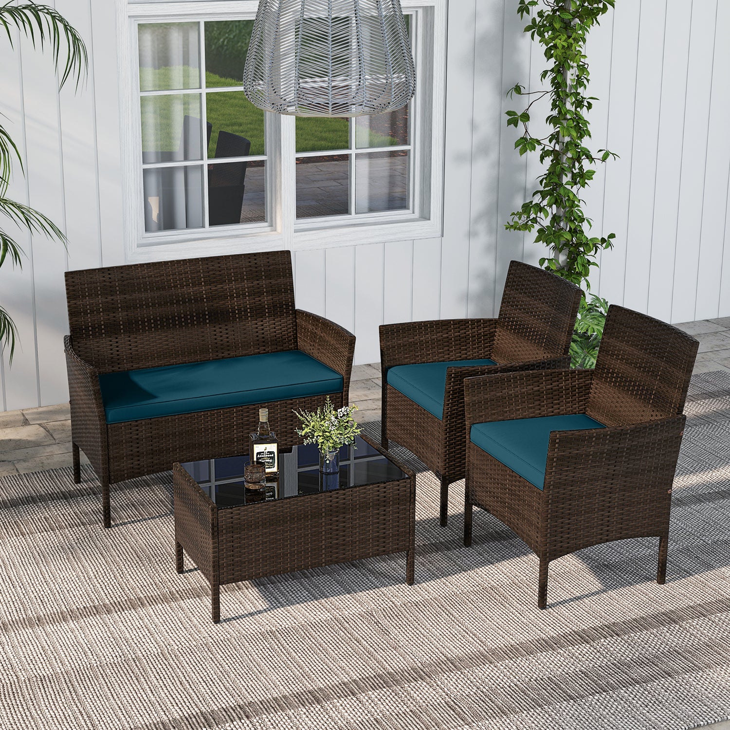4 Piece Patio Rattan Conversation Set with Cozy Seat Cushions