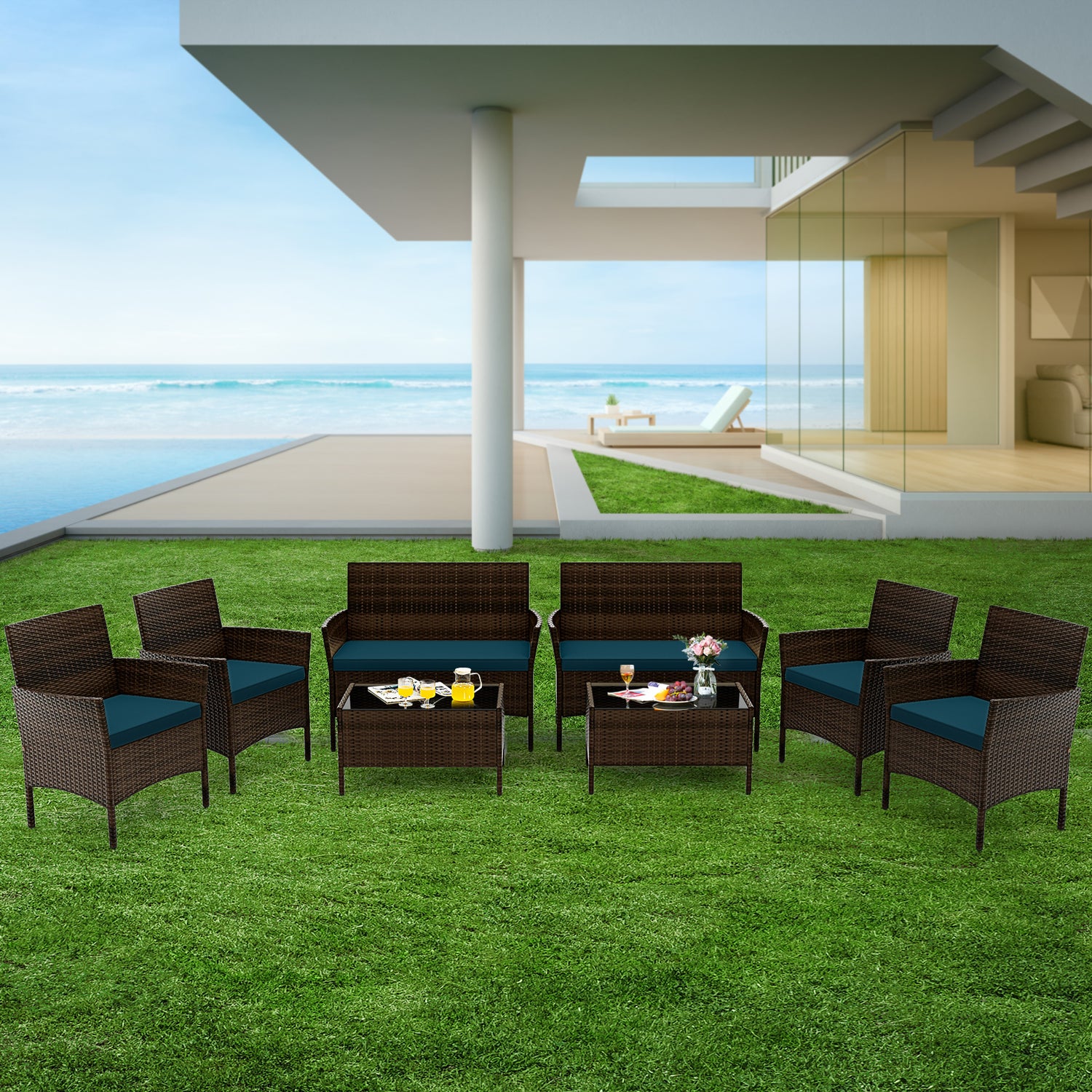 4 Piece Patio Rattan Conversation Set with Cozy Seat Cushions