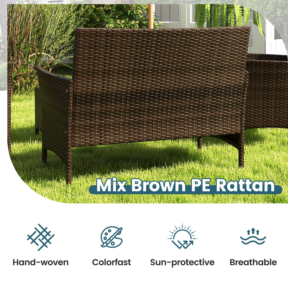 4 Piece Patio Rattan Conversation Set with Cozy Seat Cushions
