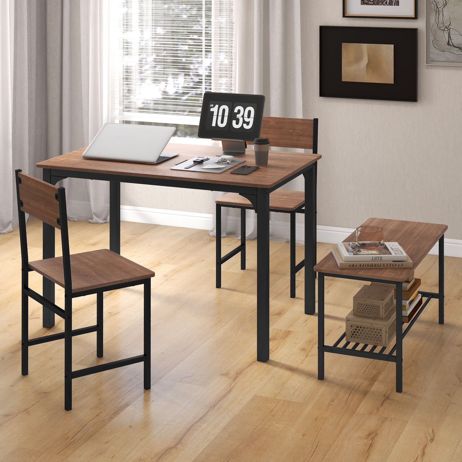 4 Pieces Rustic Dining Table Set with 2 Chairs and Bench