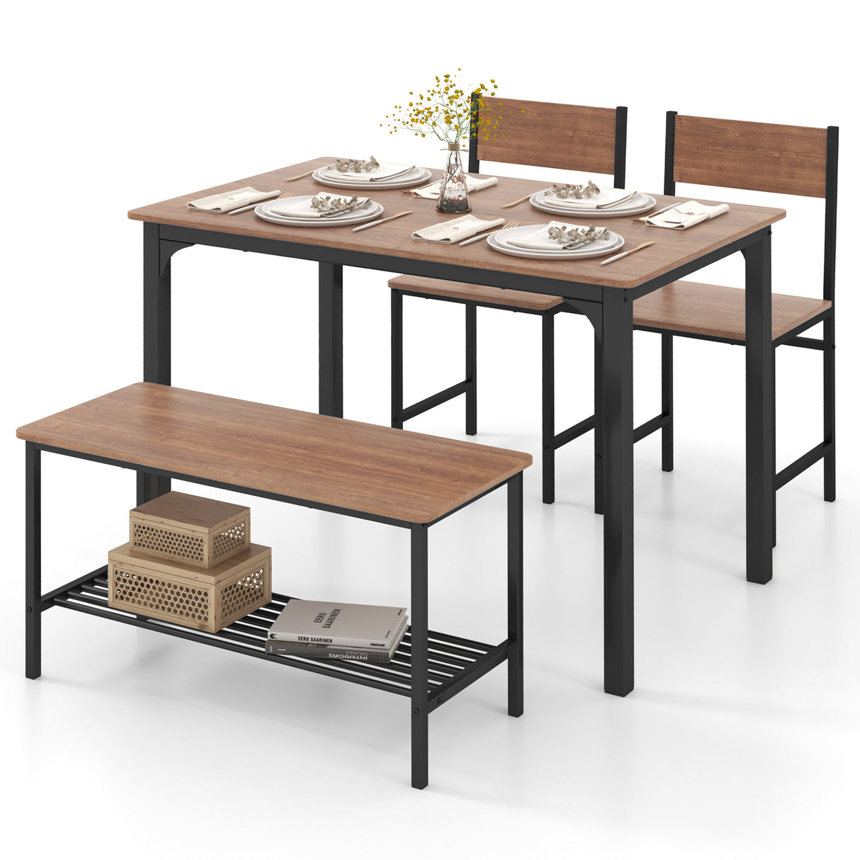 4 Pieces Rustic Dining Table Set with 2 Chairs and Bench
