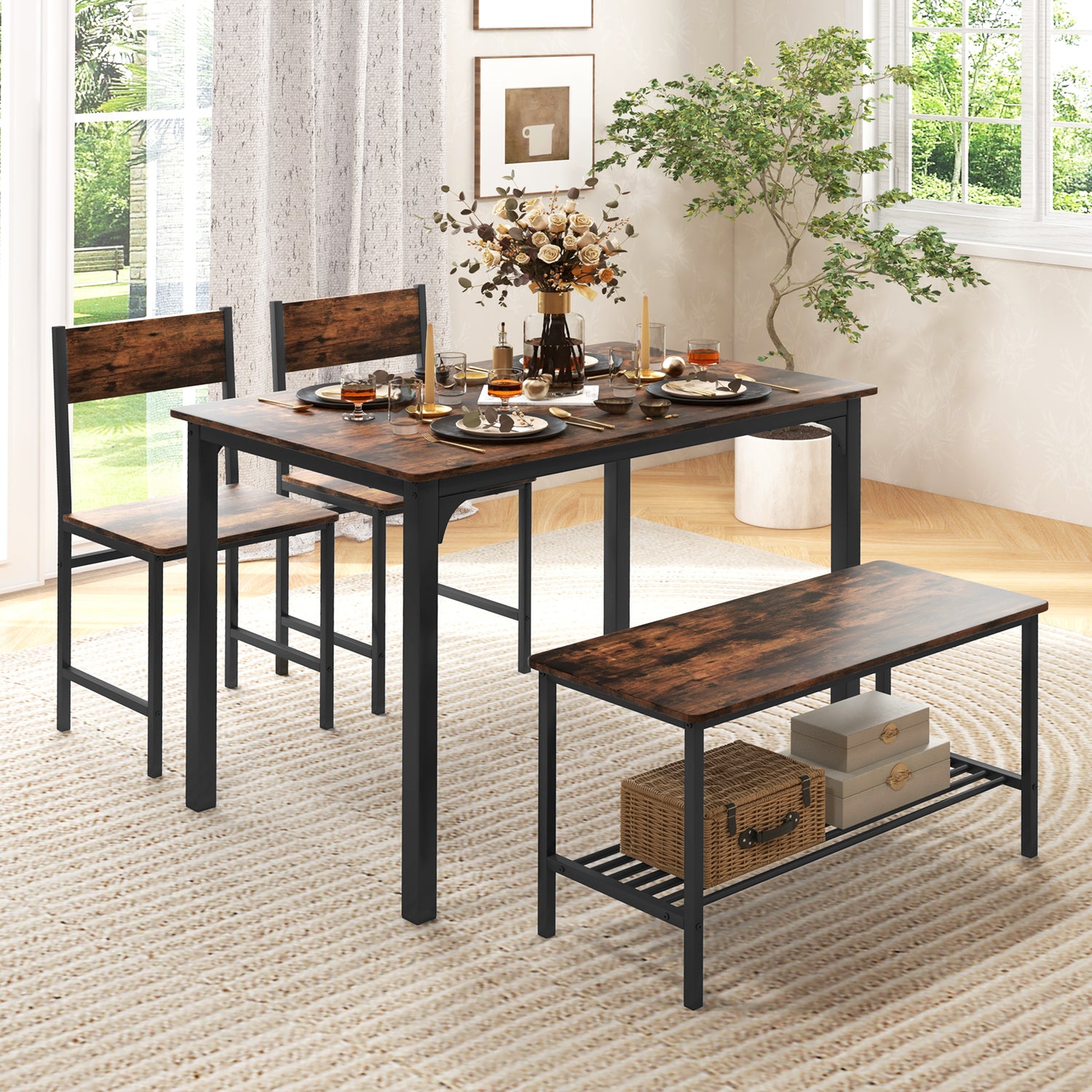 4 Pieces Rustic Dining Table Set with 2 Chairs and Bench
