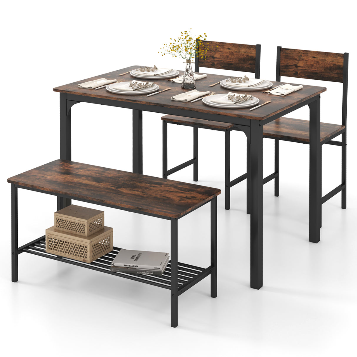 4 Pieces Rustic Dining Table Set with 2 Chairs and Bench