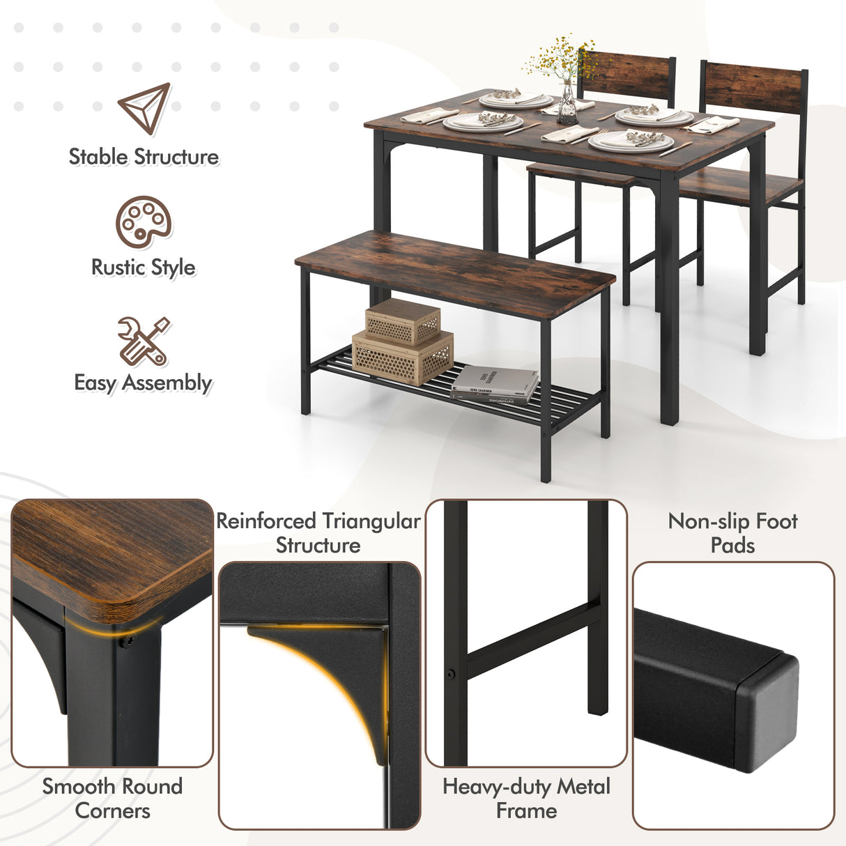 4 Pieces Rustic Dining Table Set with 2 Chairs and Bench