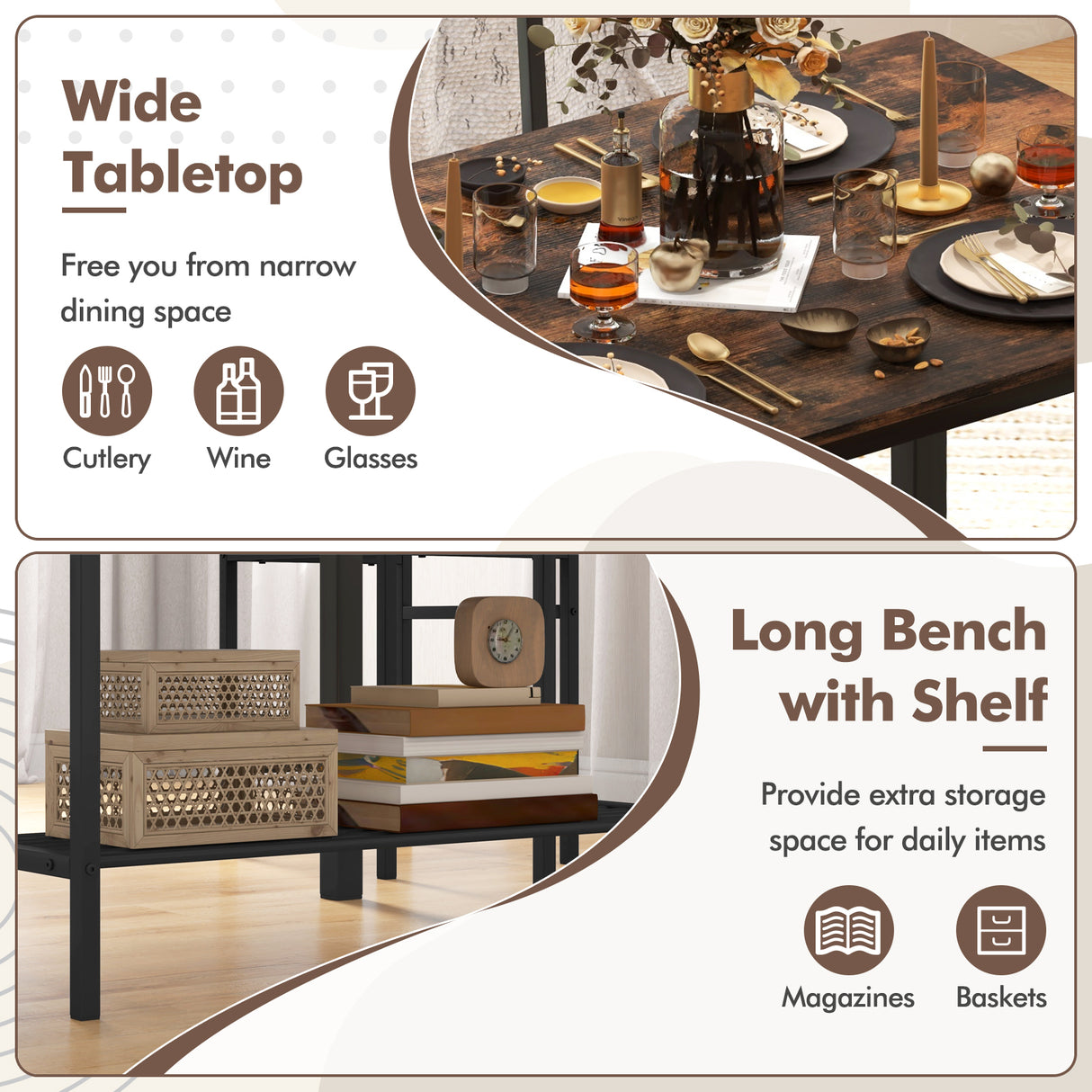 4 Pieces Rustic Dining Table Set with 2 Chairs and Bench