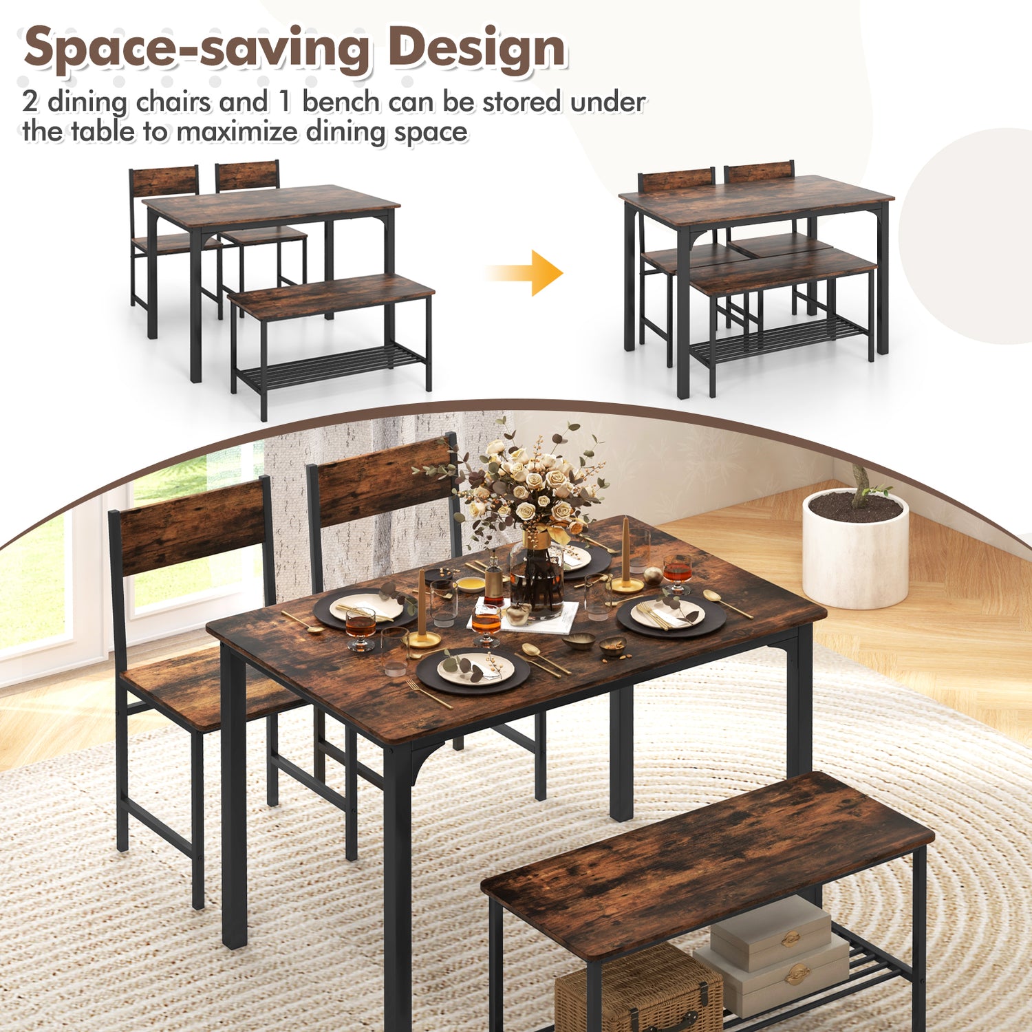 4 Pieces Rustic Dining Table Set with 2 Chairs and Bench