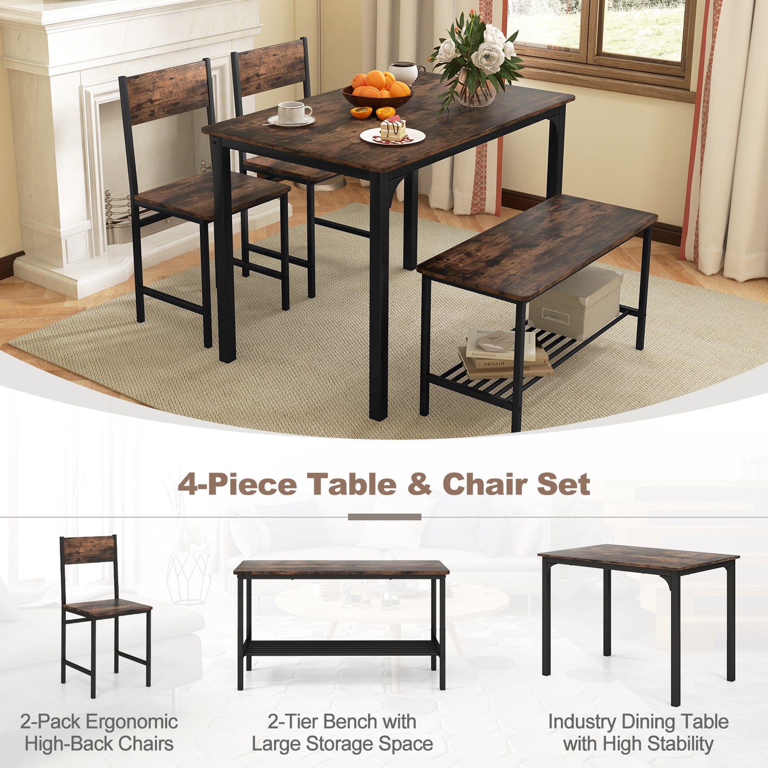 4 Pieces Rustic Dining Table Set with 2 Chairs and Bench