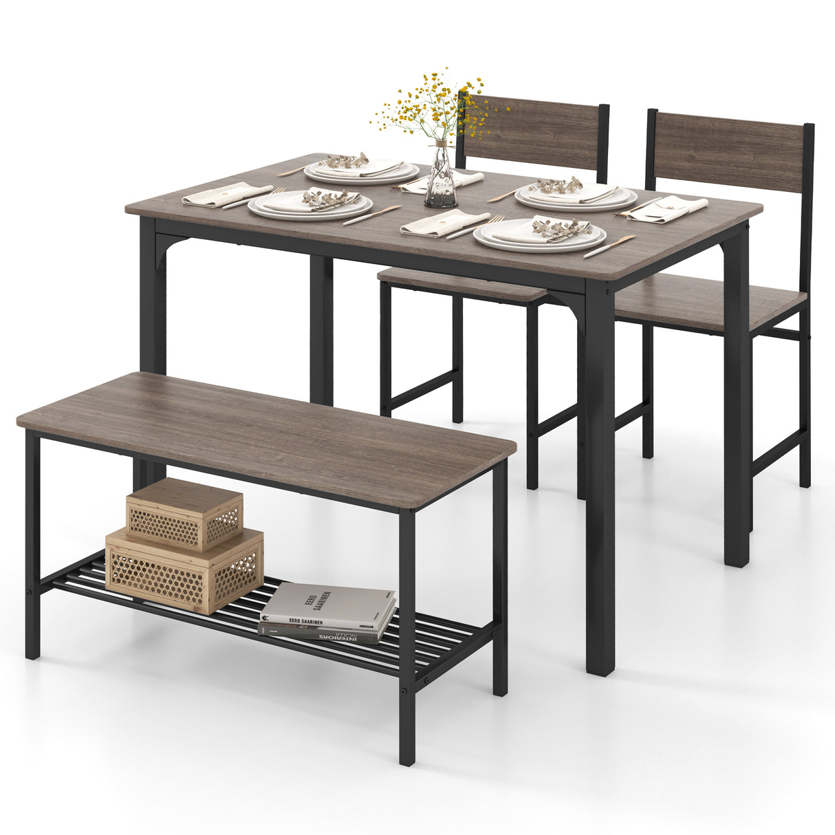 4 Pieces Rustic Dining Table Set with 2 Chairs and Bench