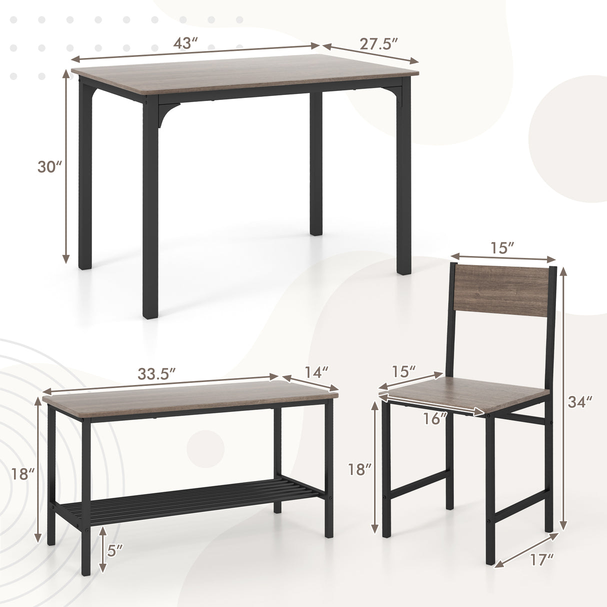 4 Pieces Rustic Dining Table Set with 2 Chairs and Bench