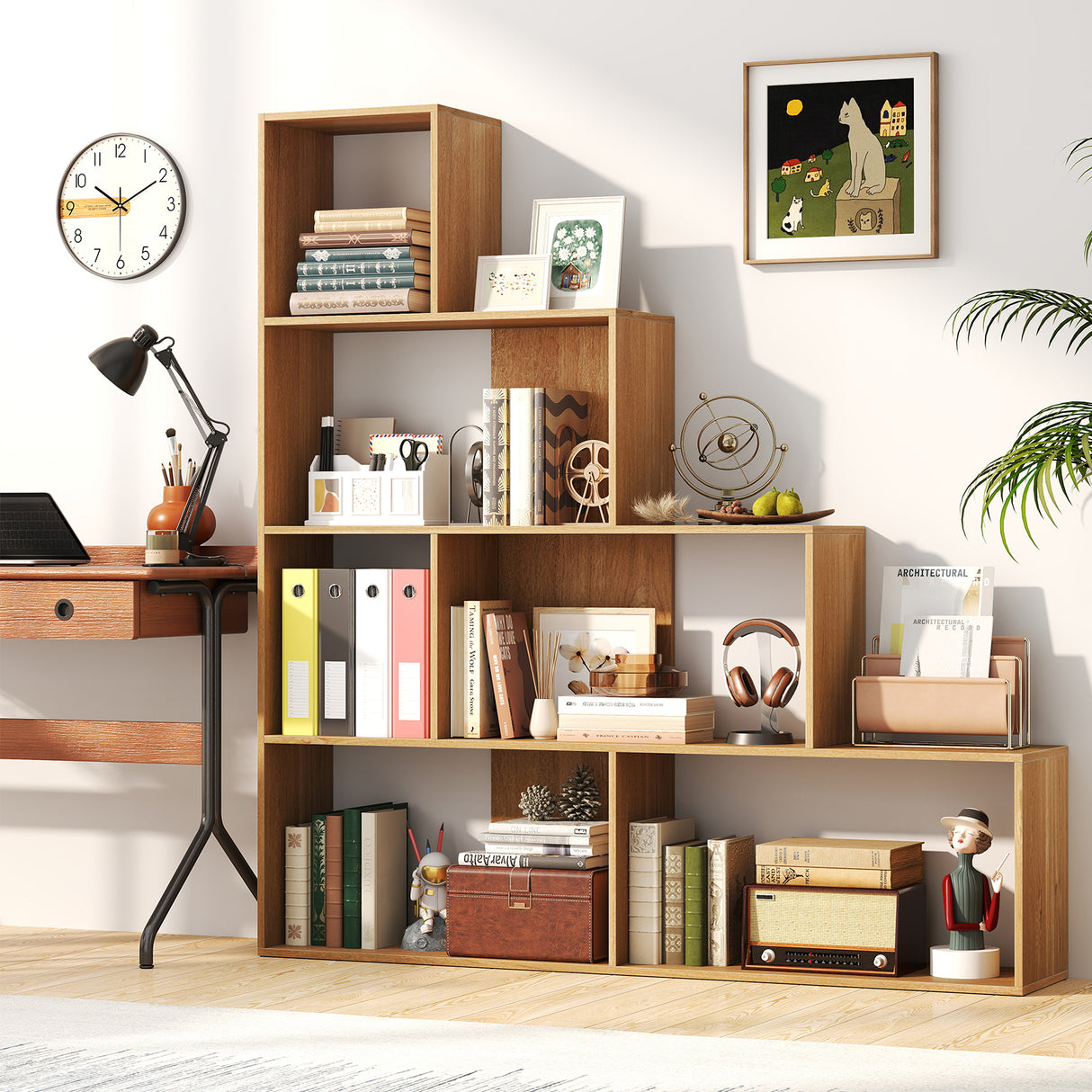 4-Tier Bookshelf Stair Bookcase with 6 Cubes Display Rack