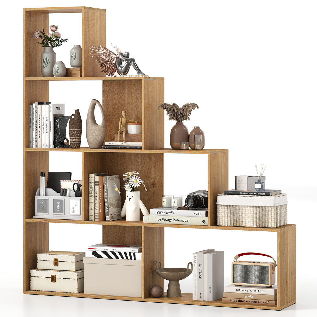 4-Tier Bookshelf Stair Bookcase with 6 Cubes Display Rack