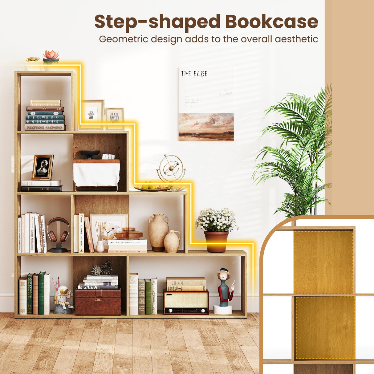 4-Tier Bookshelf Stair Bookcase with 6 Cubes Display Rack