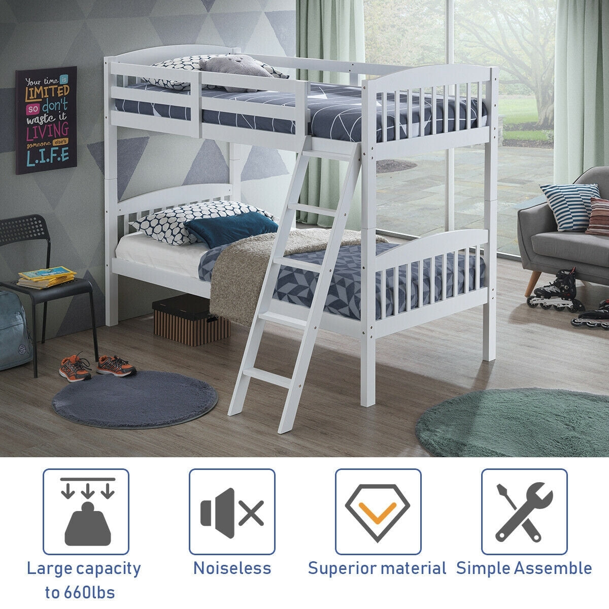 Solid Wood Twin Bunk Beds with Detachable Kids Ladder