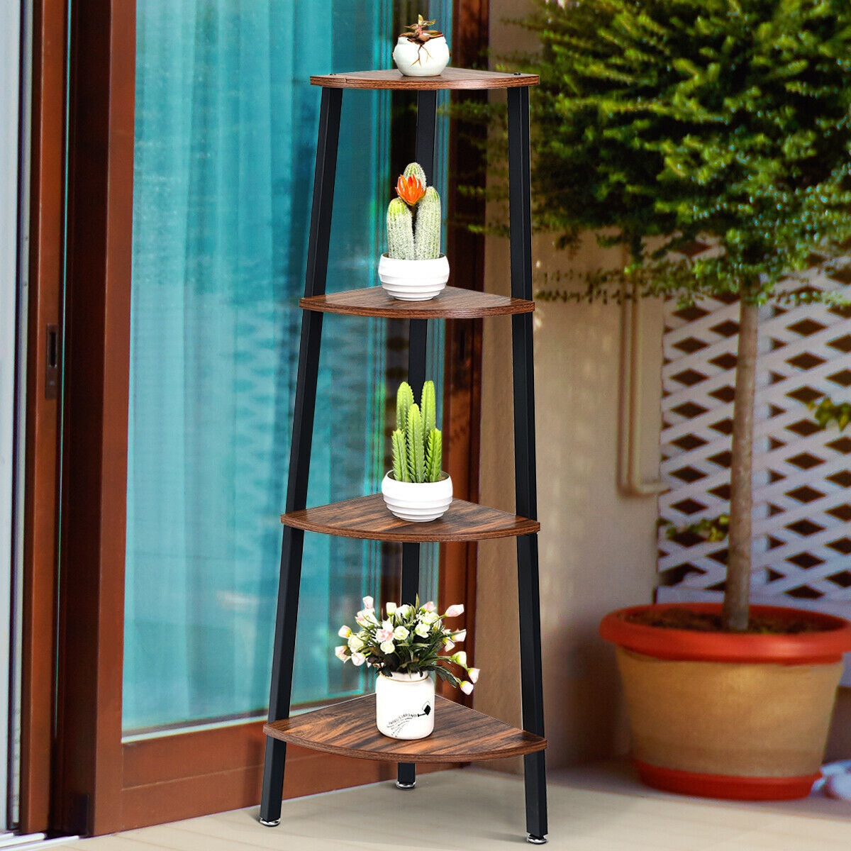 4-Tier Corner Shelf Metal Storage Rack Domestic Bookcase-Black