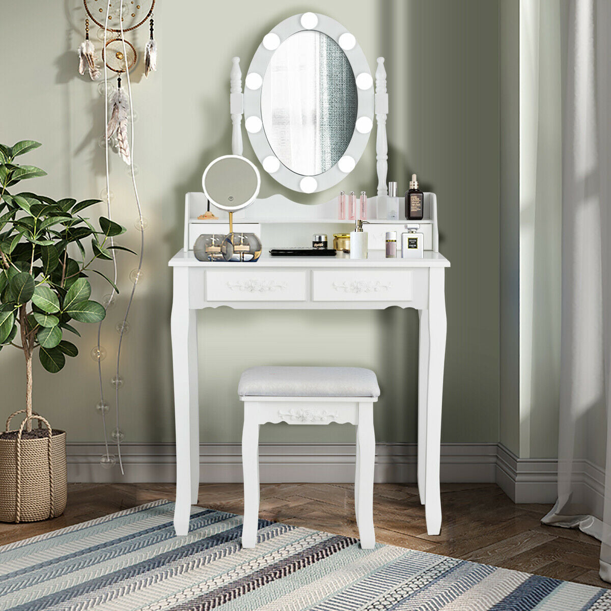 Makeup Dressing Table with Touch Switch Lighted Mirror and Cushioned Stool