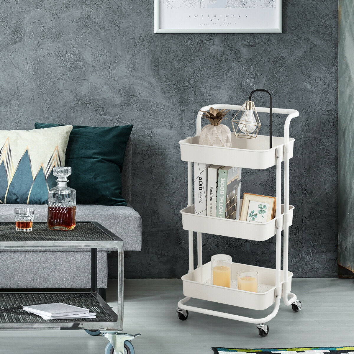 3-Tier Utility Cart Storage Rolling Cart with Casters
