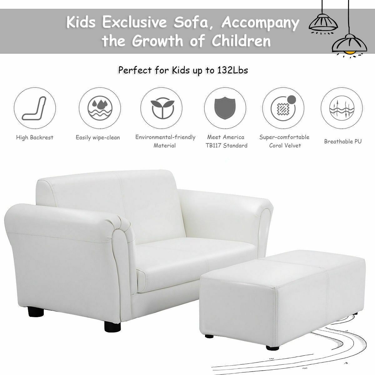 Black/White Kids Double Sofa with Ottoman