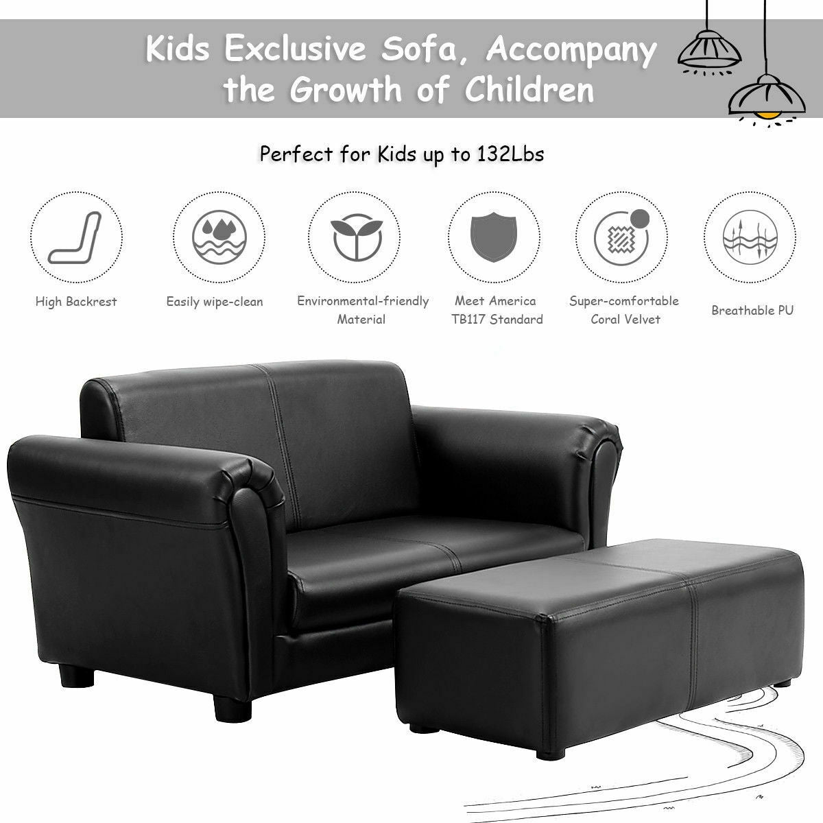 Black/White Kids Double Sofa with Ottoman
