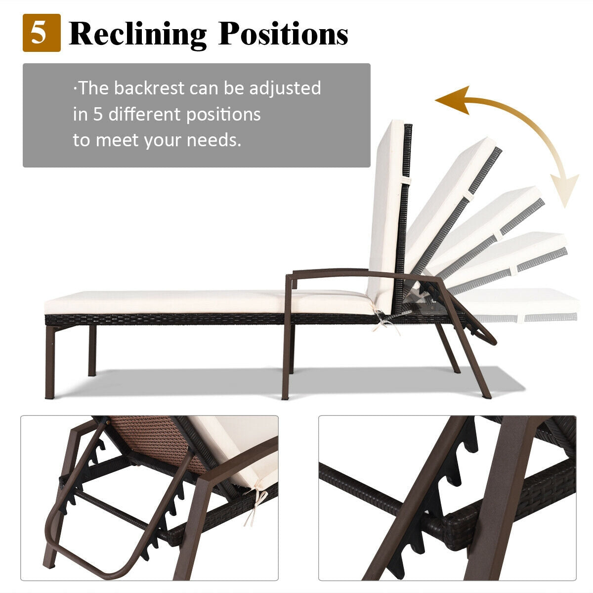 Patio Rattan Lounge Chaise Recliner with Back Adjustable Cushioned