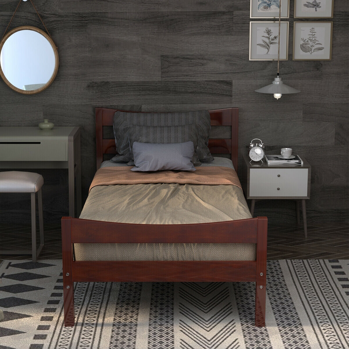 Twin Size Rustic Platform Bed Frame with Headboard and Footboard