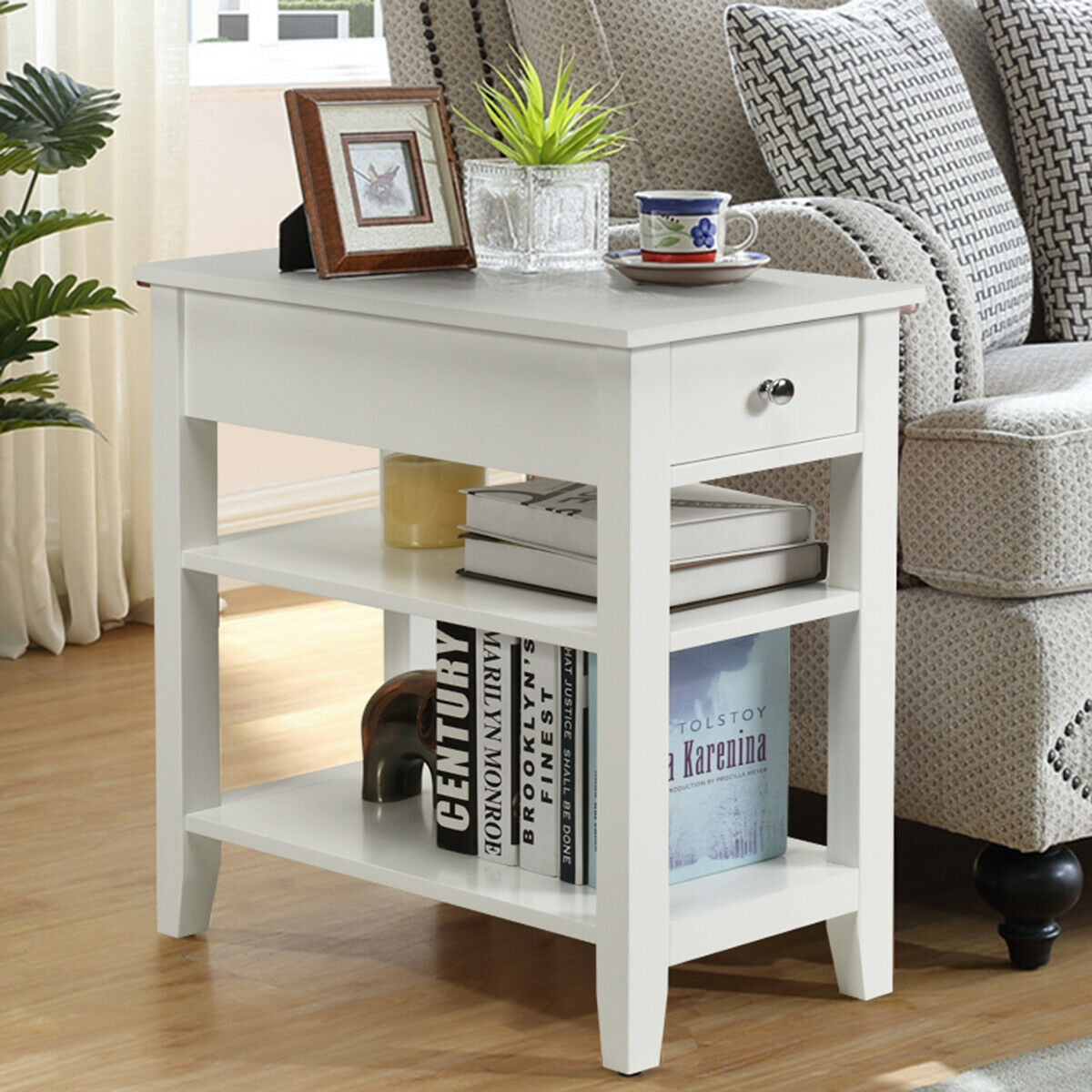 3-Tier Nightstand Bedside Table Sofa Side with Double Shelves Drawer