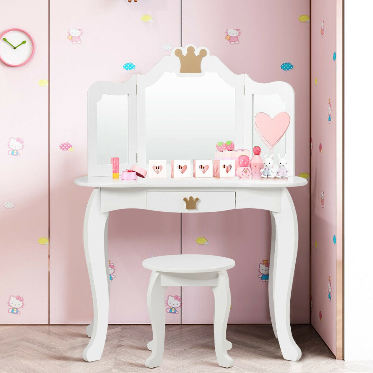 Kids Makeup Dressing Table with Tri-folding Mirror and Stool