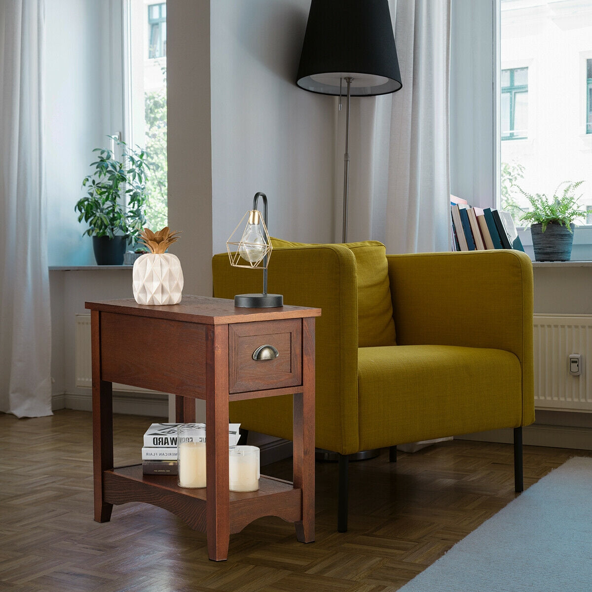 Set of 2 Contemporary Side End Table with Drawer