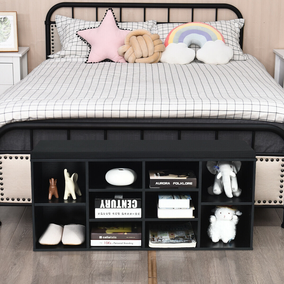 10-Cube Organizer Shoe Storage Bench with Cushion for Entryway