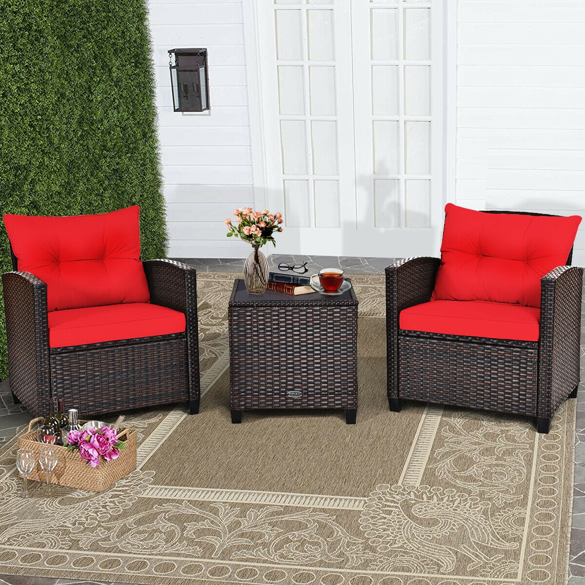 3 Pcs Patio Rattan Furniture Set Cushioned Conversation Set Coffee Table